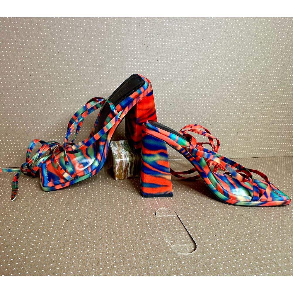 ASOS Design Colorful Orange Blue Heels Strappy Square Toe Tie Up High Heel - Picture 6 of 12